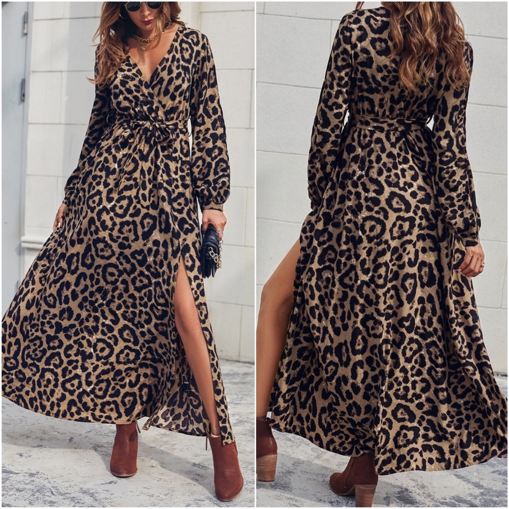 Camel leopard Print Surplice Cut Out Sleeve Maxi Dress - Picture 3 of 3